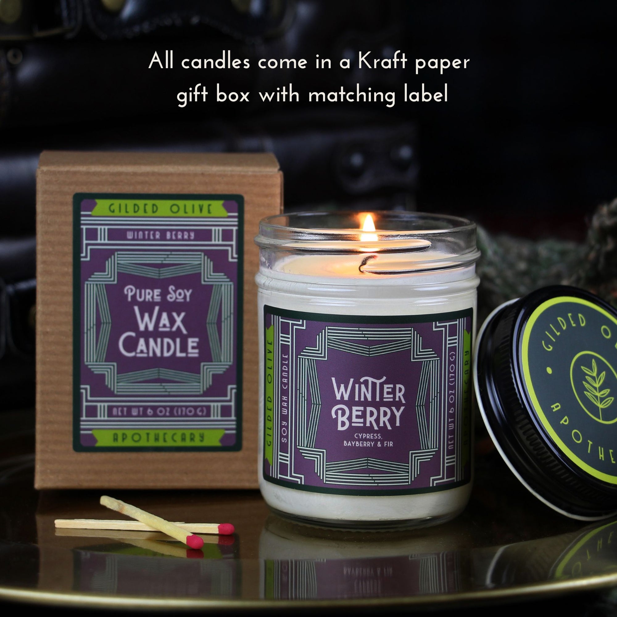 Candles come in a Kraft paper box with matching label