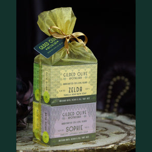 Bundle Pack Soap Gift - Meet The Flappers in an organza gift bag on a vintage tray.