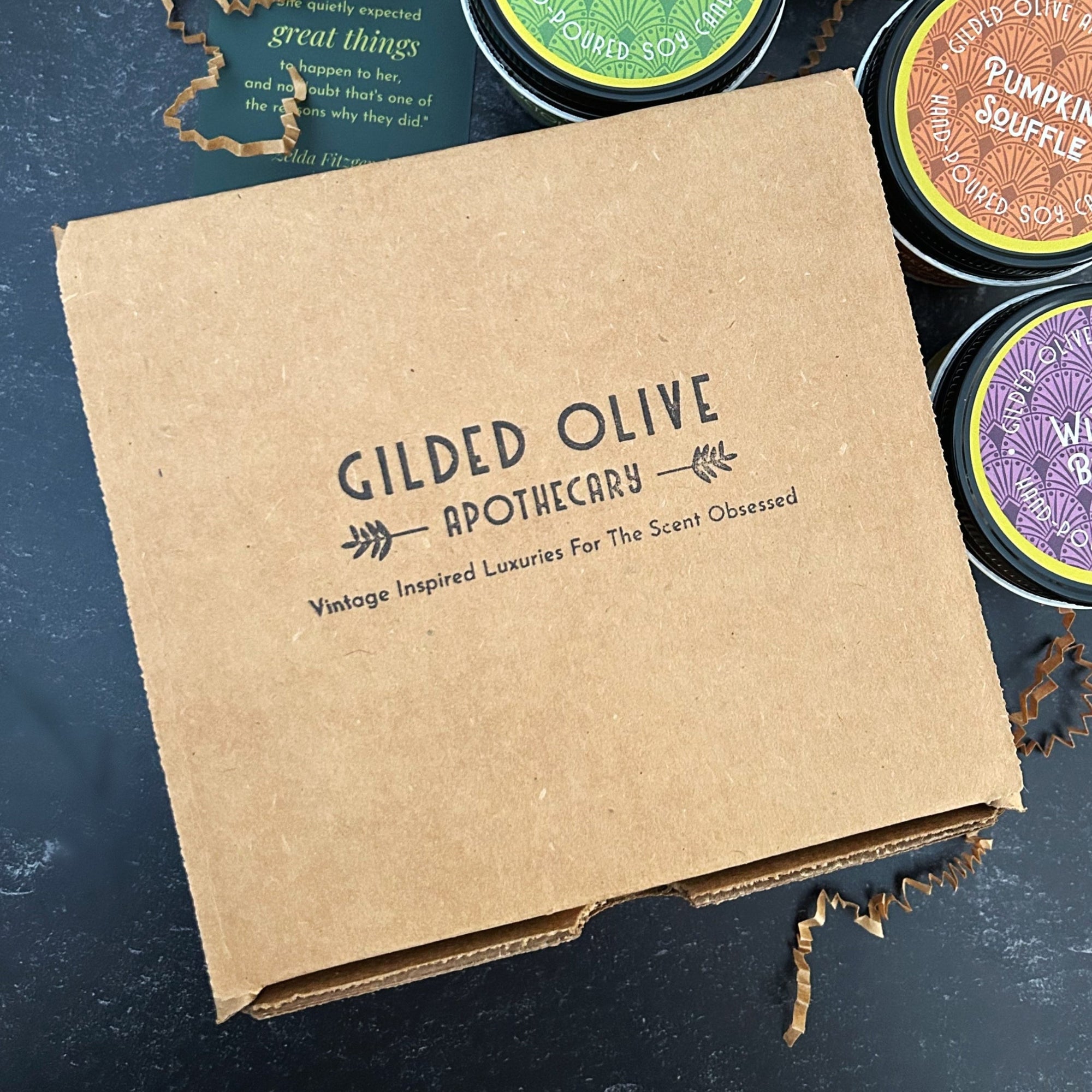 Candle gift box set with October Collection soy candles in the background