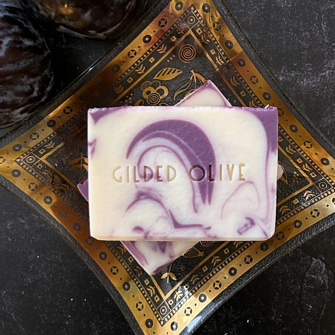 Cashmere Plum Soap on a vintage soap dish