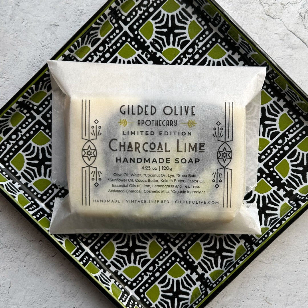 Charcoal Lime Soap, packaged in a glassine bag