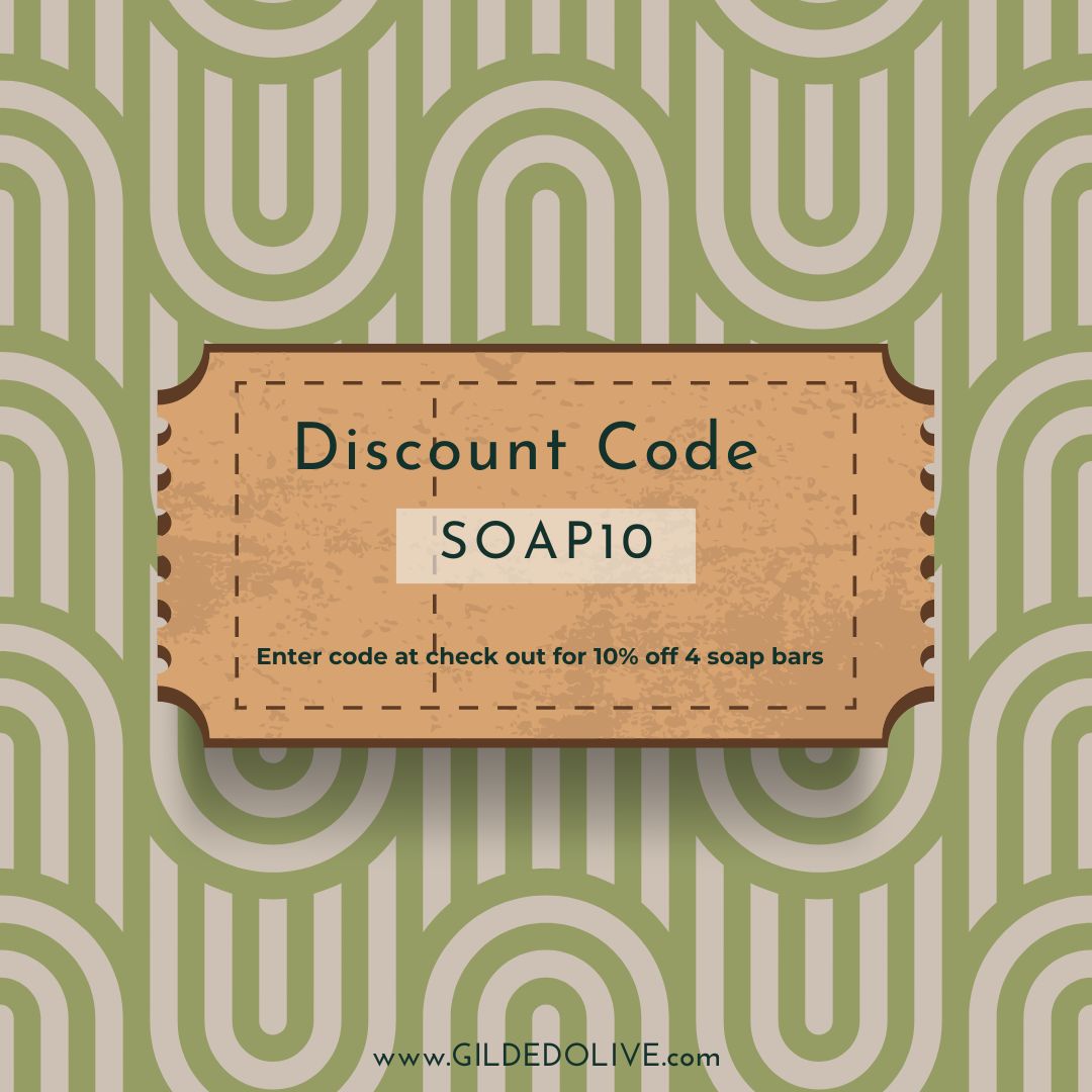 Discount code card for soap bars on a green patterned background