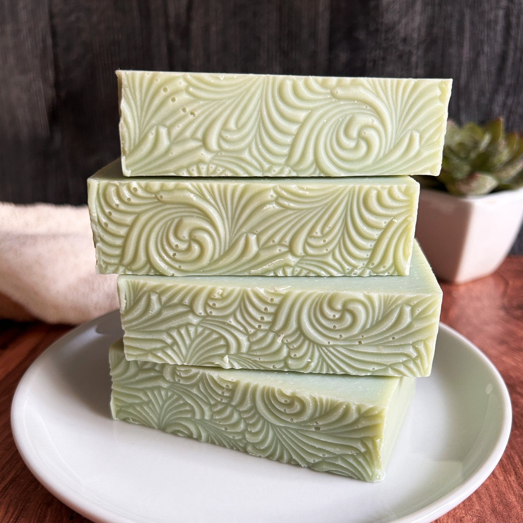 Fresh Pear Soap, stacked on a white soap dish