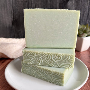 Fresh Pear Handmade Soap on white soap dish