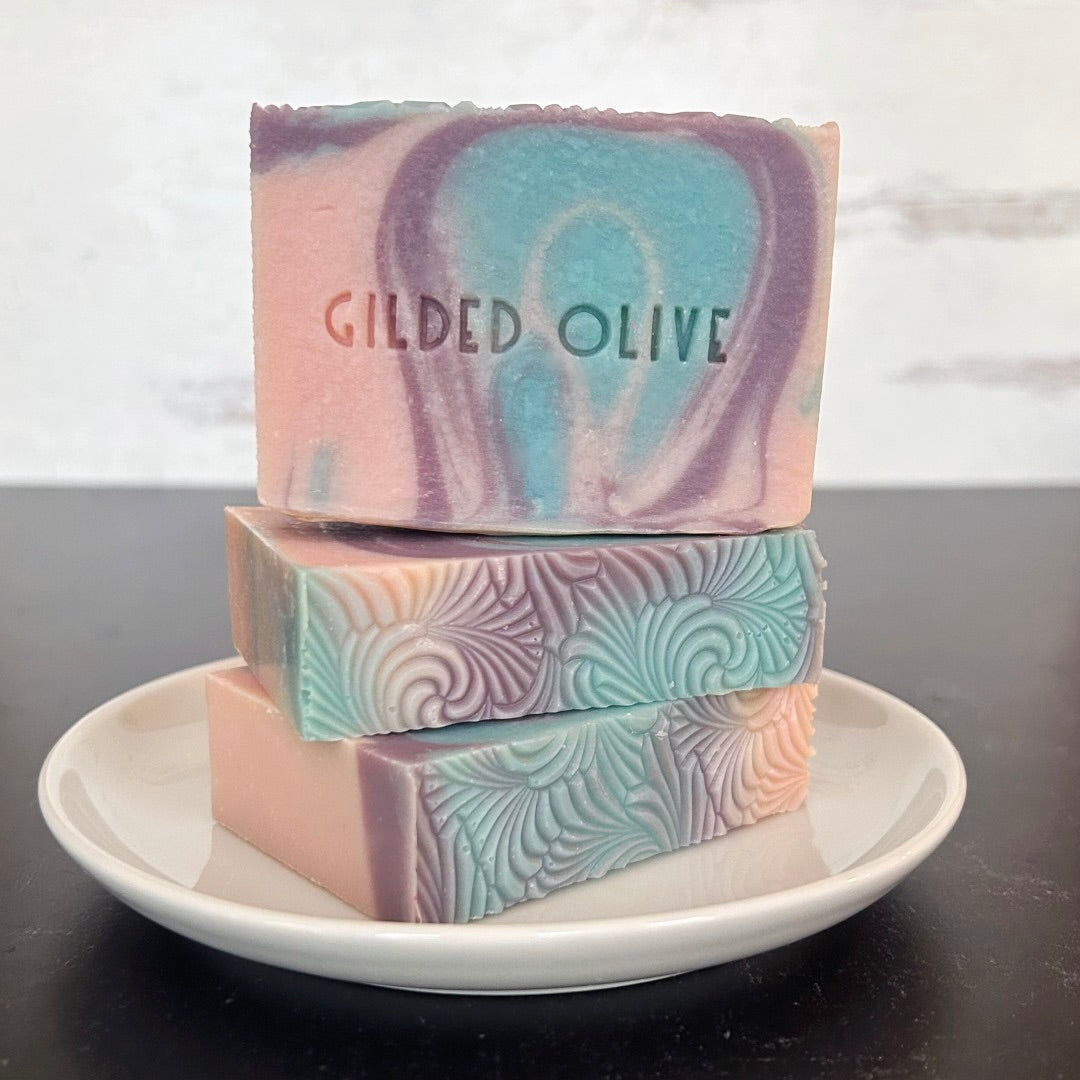 Golden Hour Handmade soap, stacked on a white dish