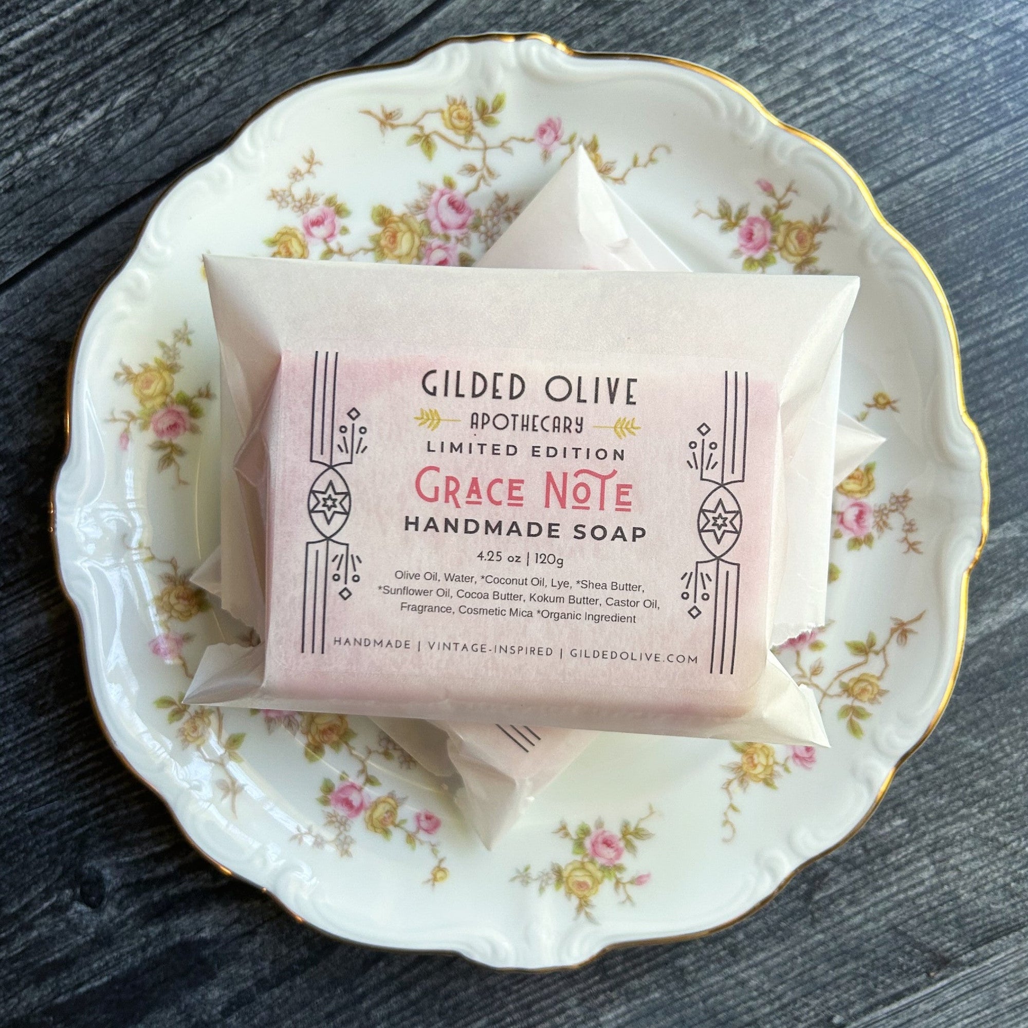 Grace Note Handmade Soap, packaged on a vintage, floral dish