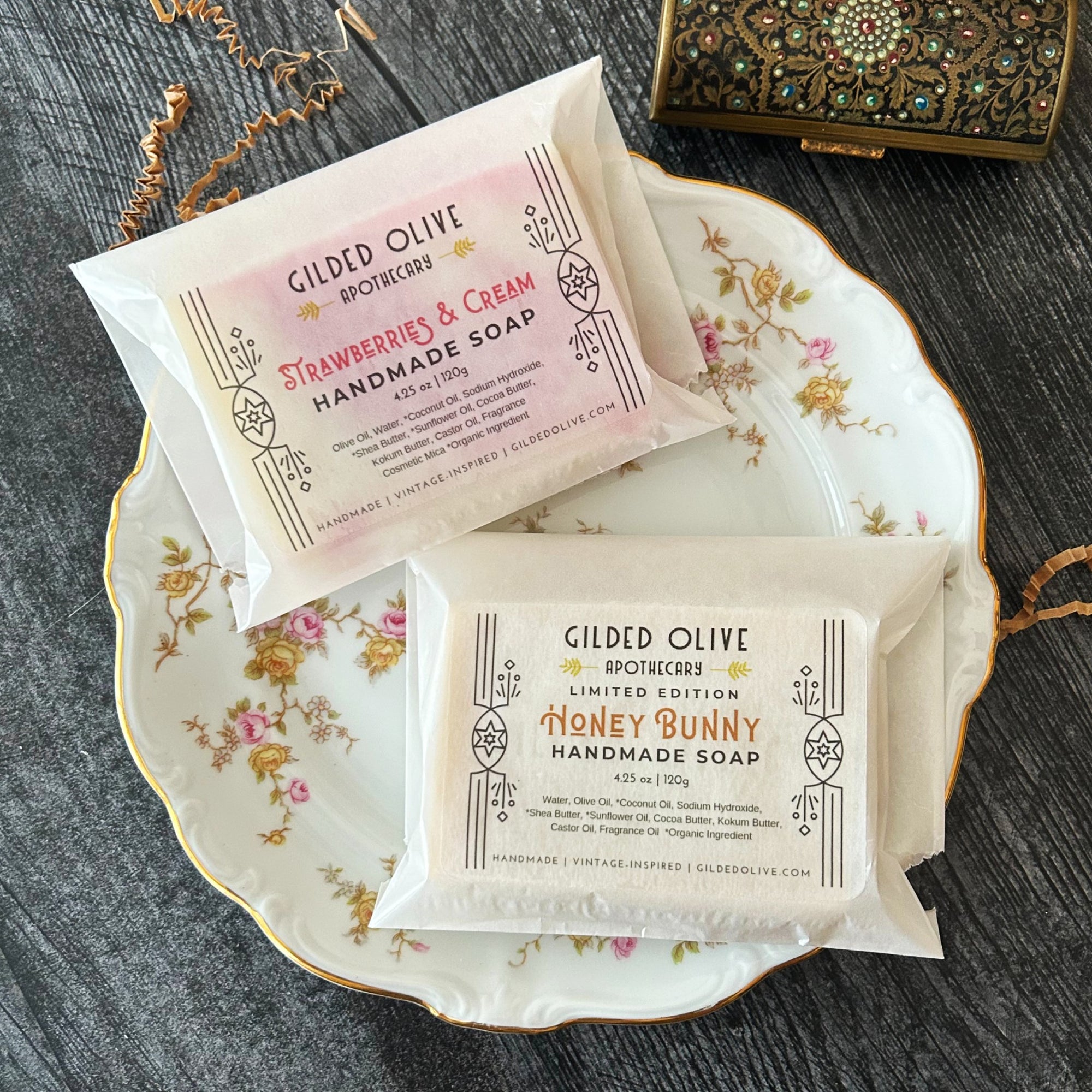 Handmade Strawberry & Honey Bunny Soaps, packaged on a vintage dish
