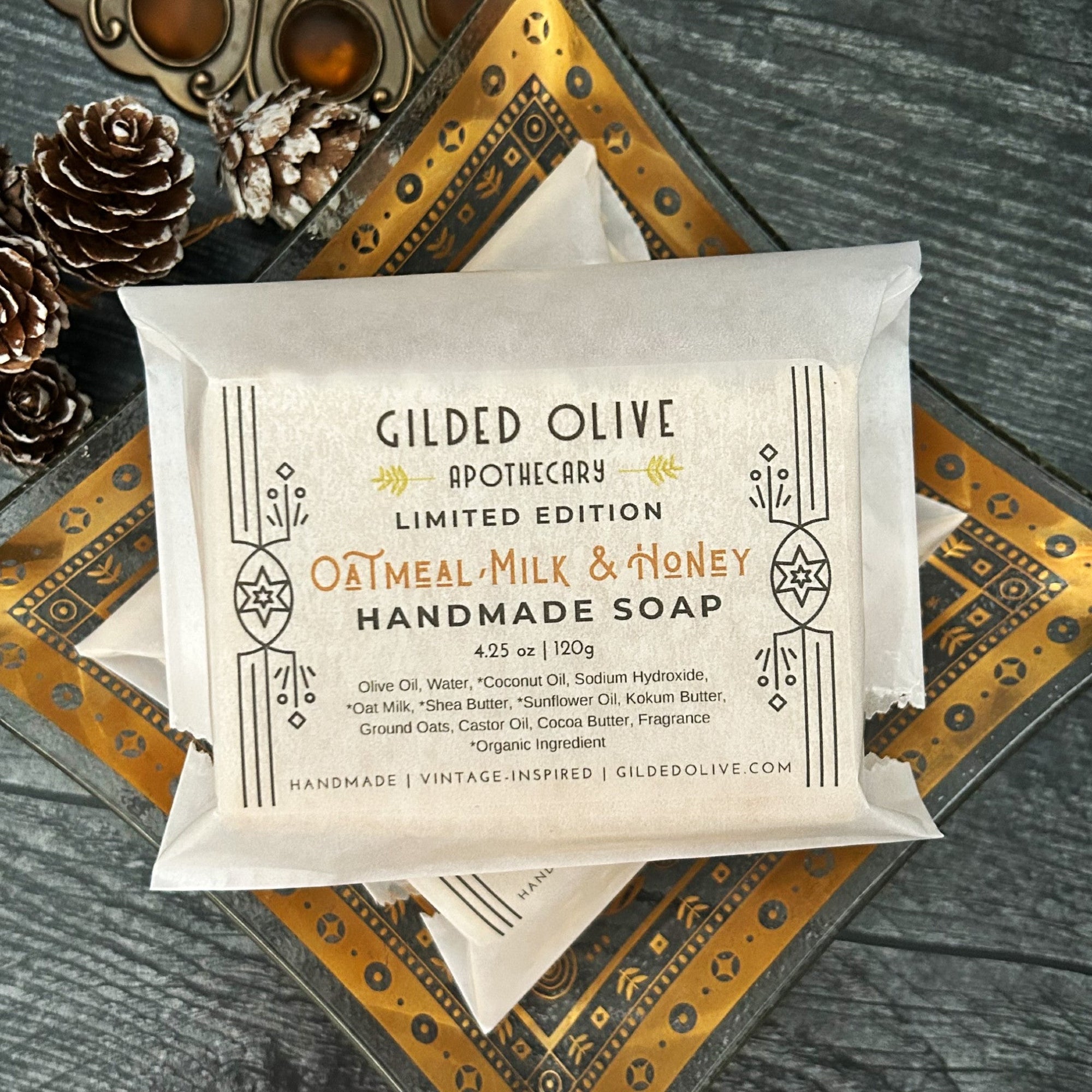 Oatmeal, Milk & Honey Handmade Soap packaged on a gold, vintage dish.
