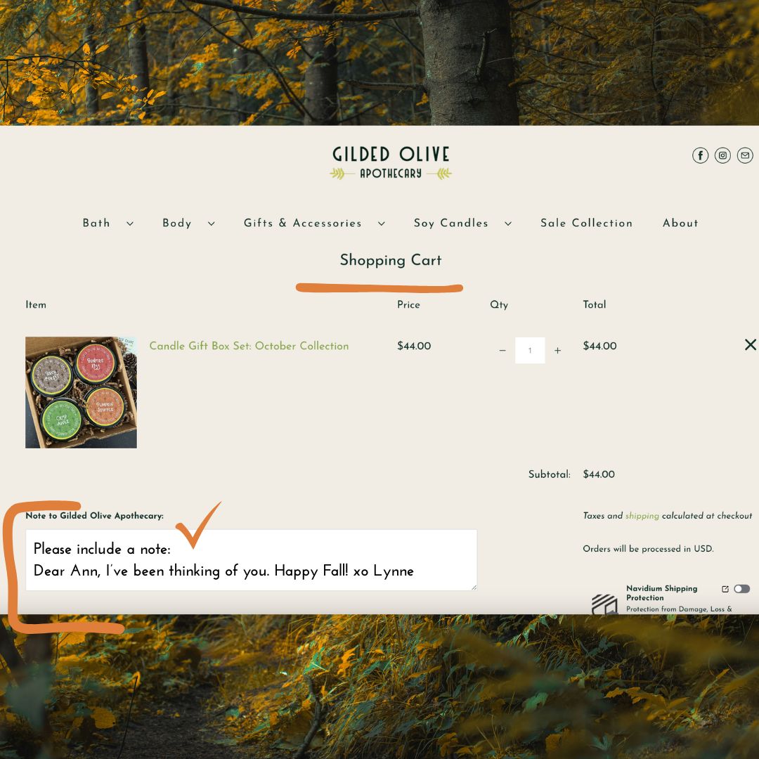 October Candle Gift Box in shopping cart, showing where to leave a note to include a personalized message.