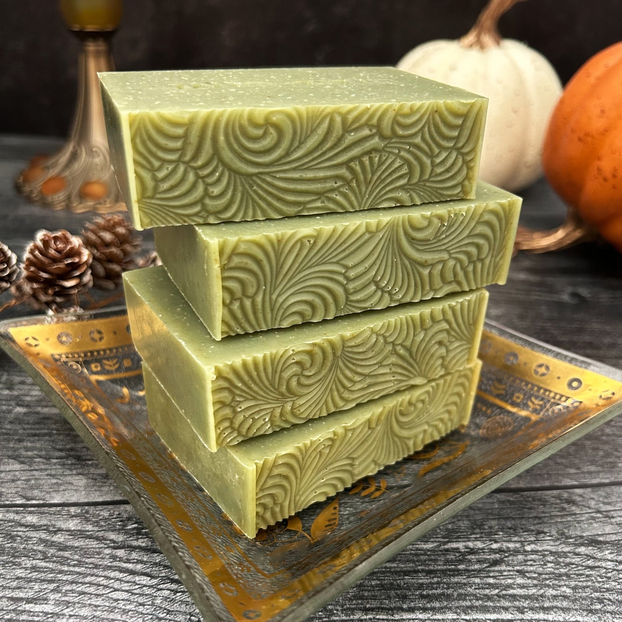 Pine Forest Handmade Soap, stacked on a gold dish