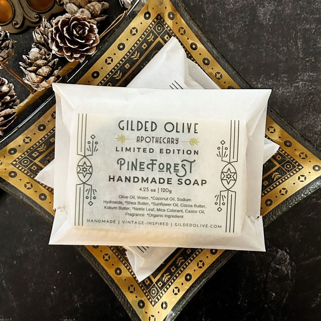 Pine Forest Soap, packaged on a vintage dish