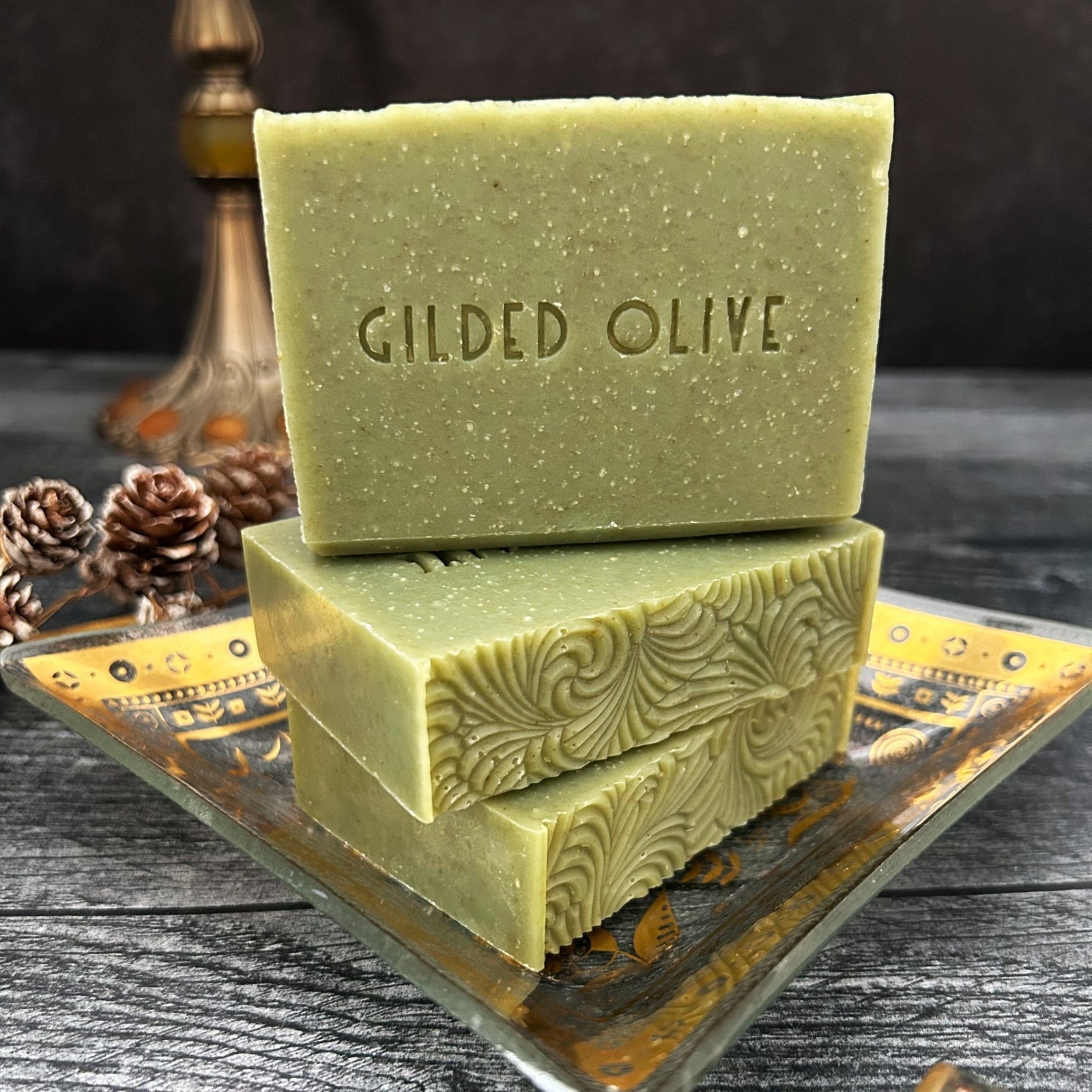 Pine Forest Soap, stamped with Gilded Olive logo