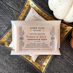 Pumpkin Spice Handmade Soap packaged, on a vintage gold dish