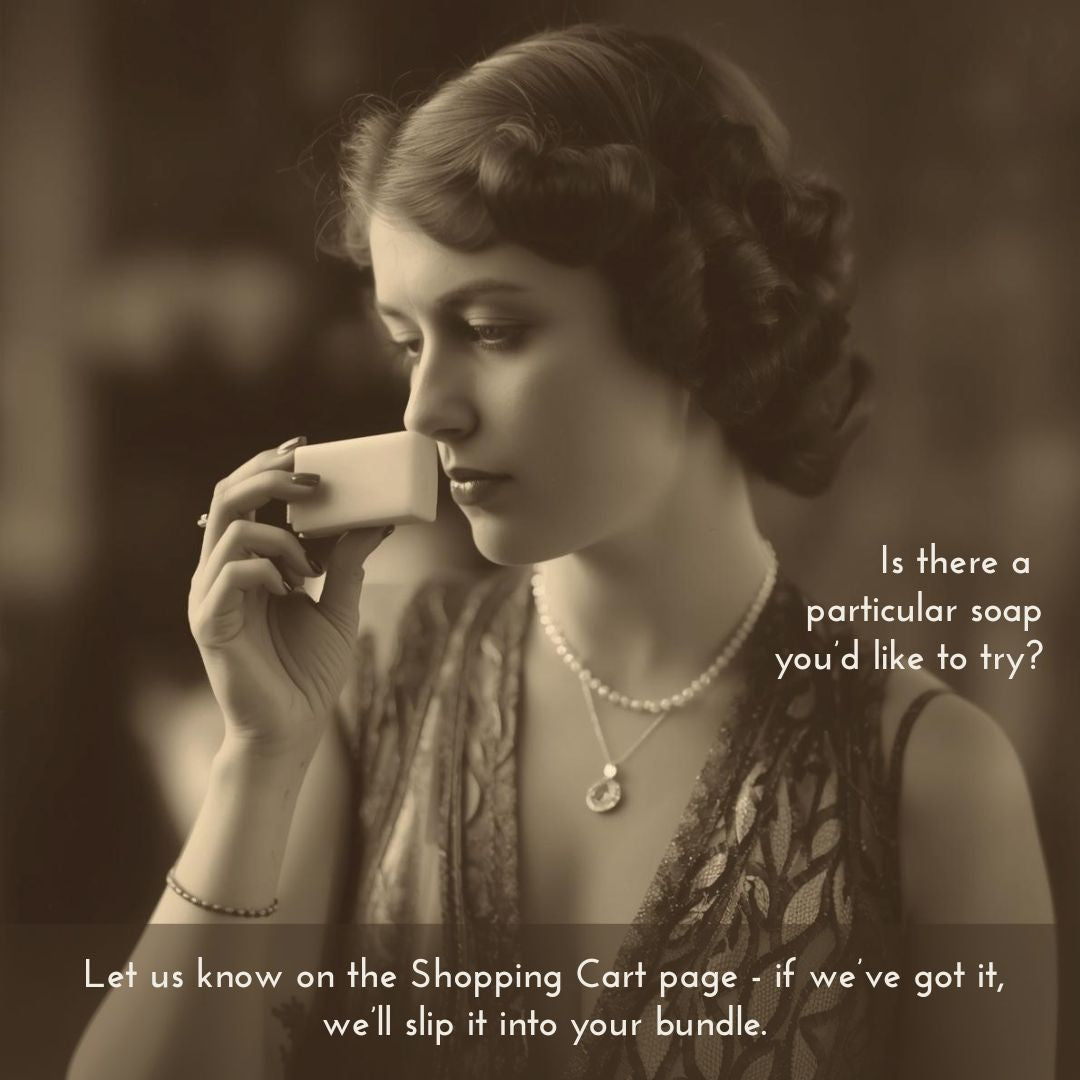 Vintage-style sepia-toned image of a woman holding a soap bar to her nose with overlay text
