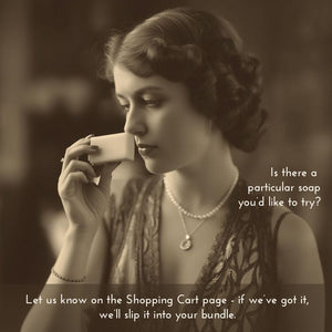 Vintage-style sepia-toned image of a woman holding a soap bar to her nose with overlay text
