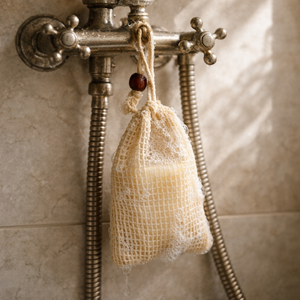 Bar of soap in a cotton mesh bag hanging from a shower head on a tiled wall.