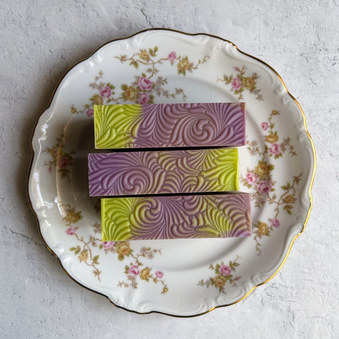 Spring Lilac Soap on a floral soap dish