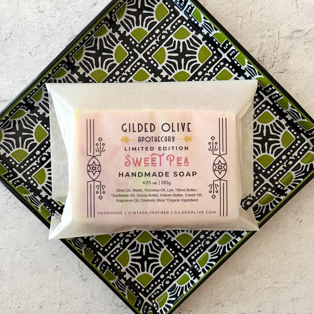 Sweet Pea Handmade Soap, packaged in a glassine bag