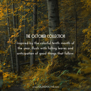 Forest scene with autumnal colors and text overlay describing 'The October Collection'.