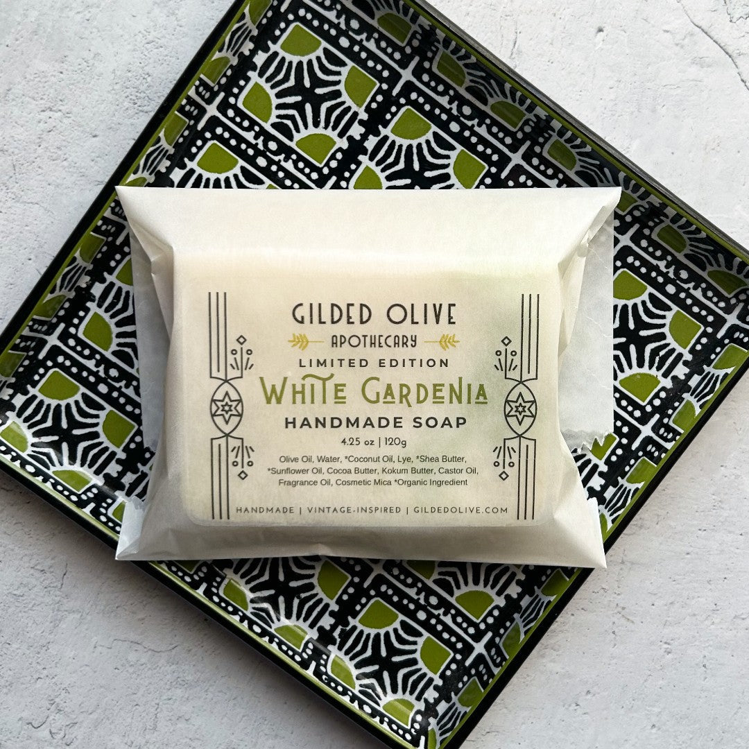 White Gardenia Handmade Soap, packaged in a glassine bag