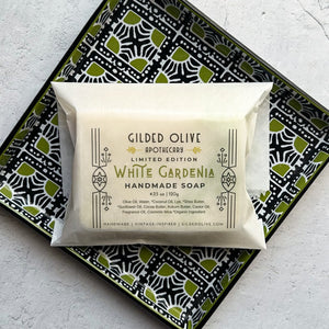 White Gardenia Handmade Soap, packaged in a glassine bag