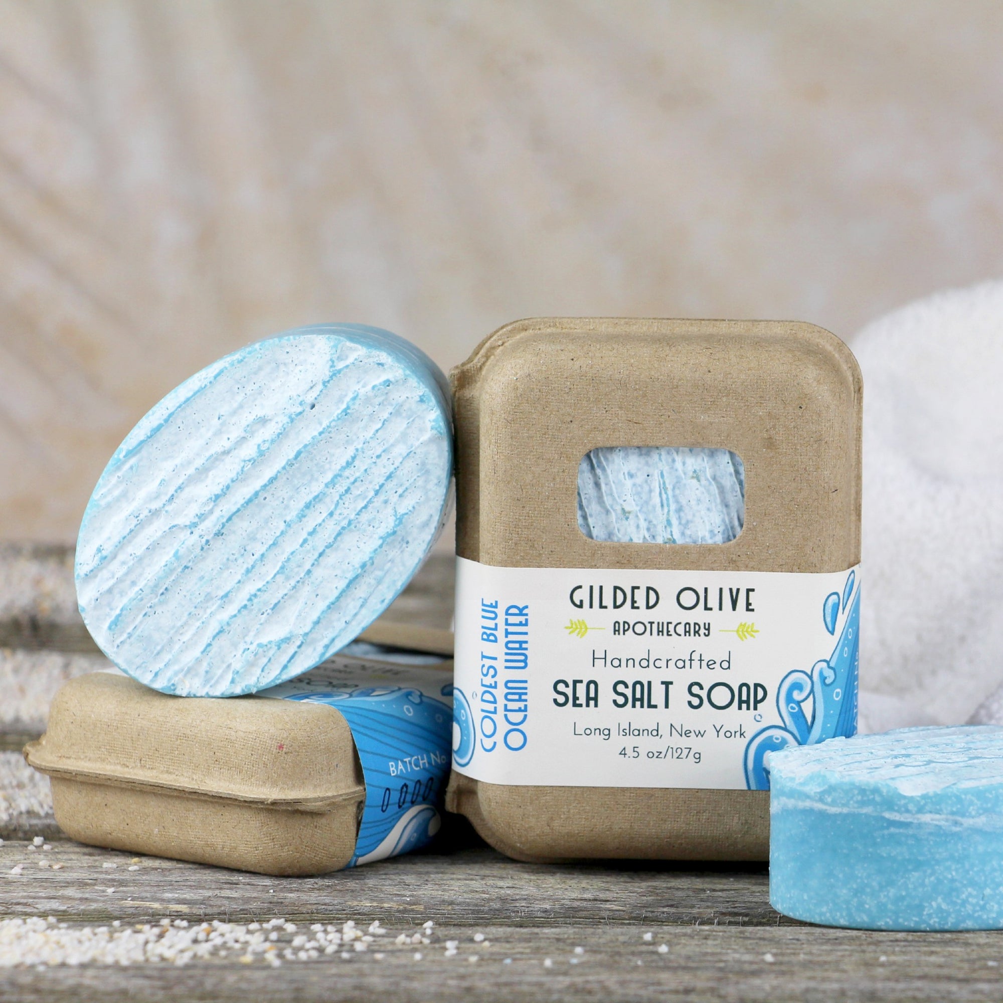 Coldest Blue Ocean Water Sea Salt Soap, recycled pulp paper packaging