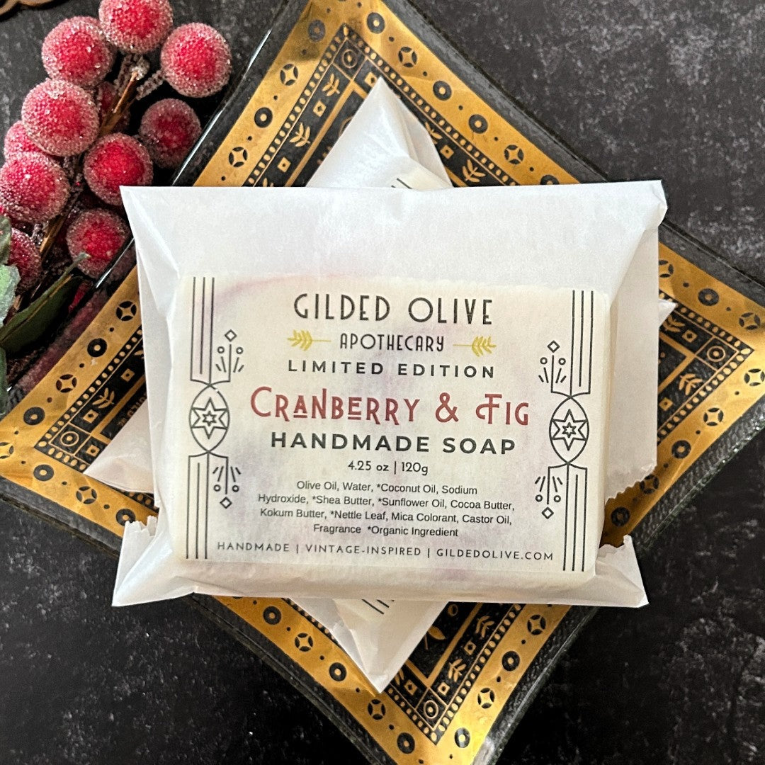 Cranberry & Fig Soap, on a vintage soap dish