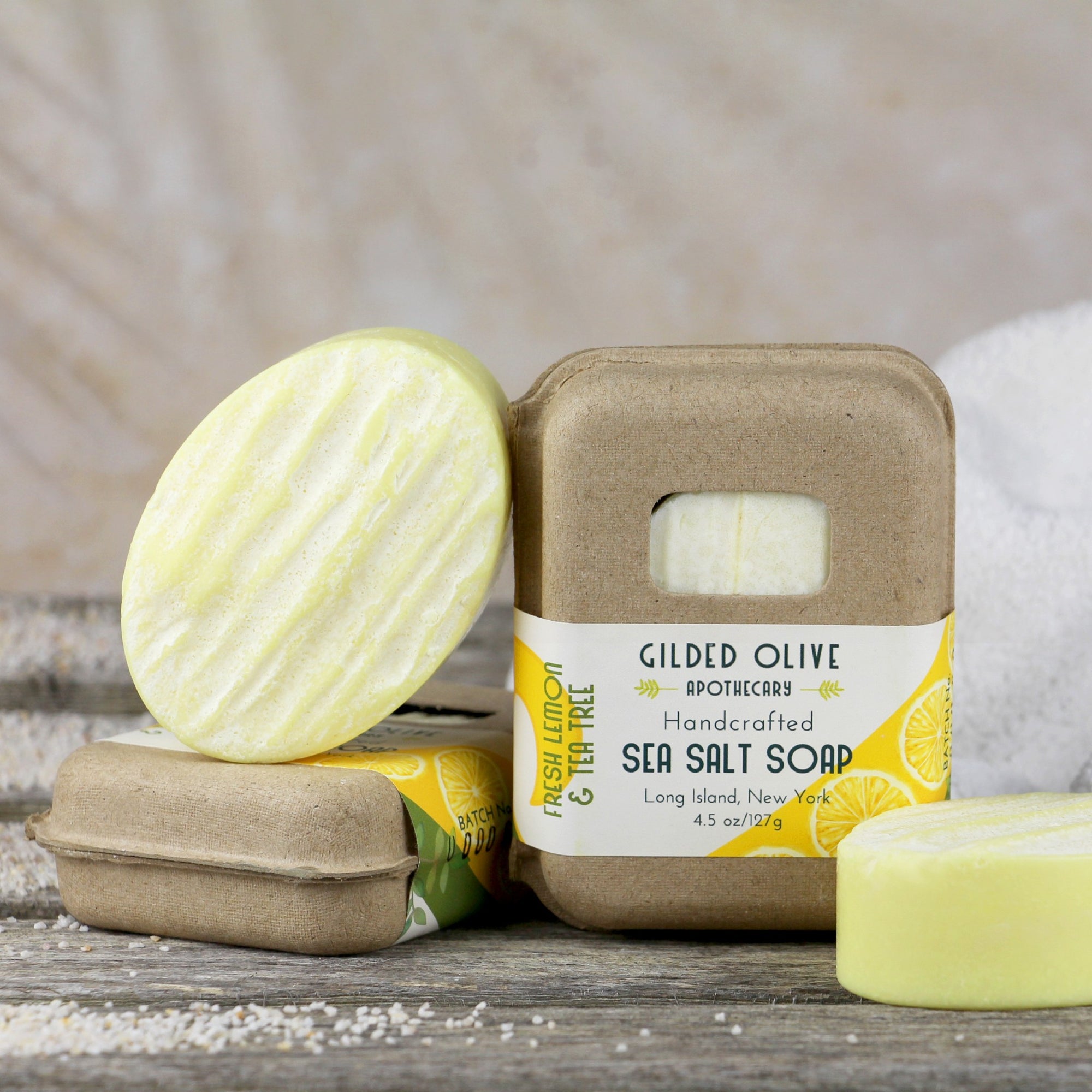 Fresh Lemon & Tea Tree Sea Salt Soap in recycled packaging