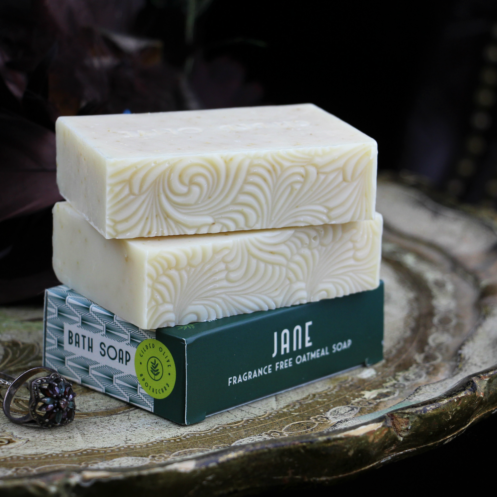 Jane Fragrance Free Oatmeal Soap on a vintage tray

