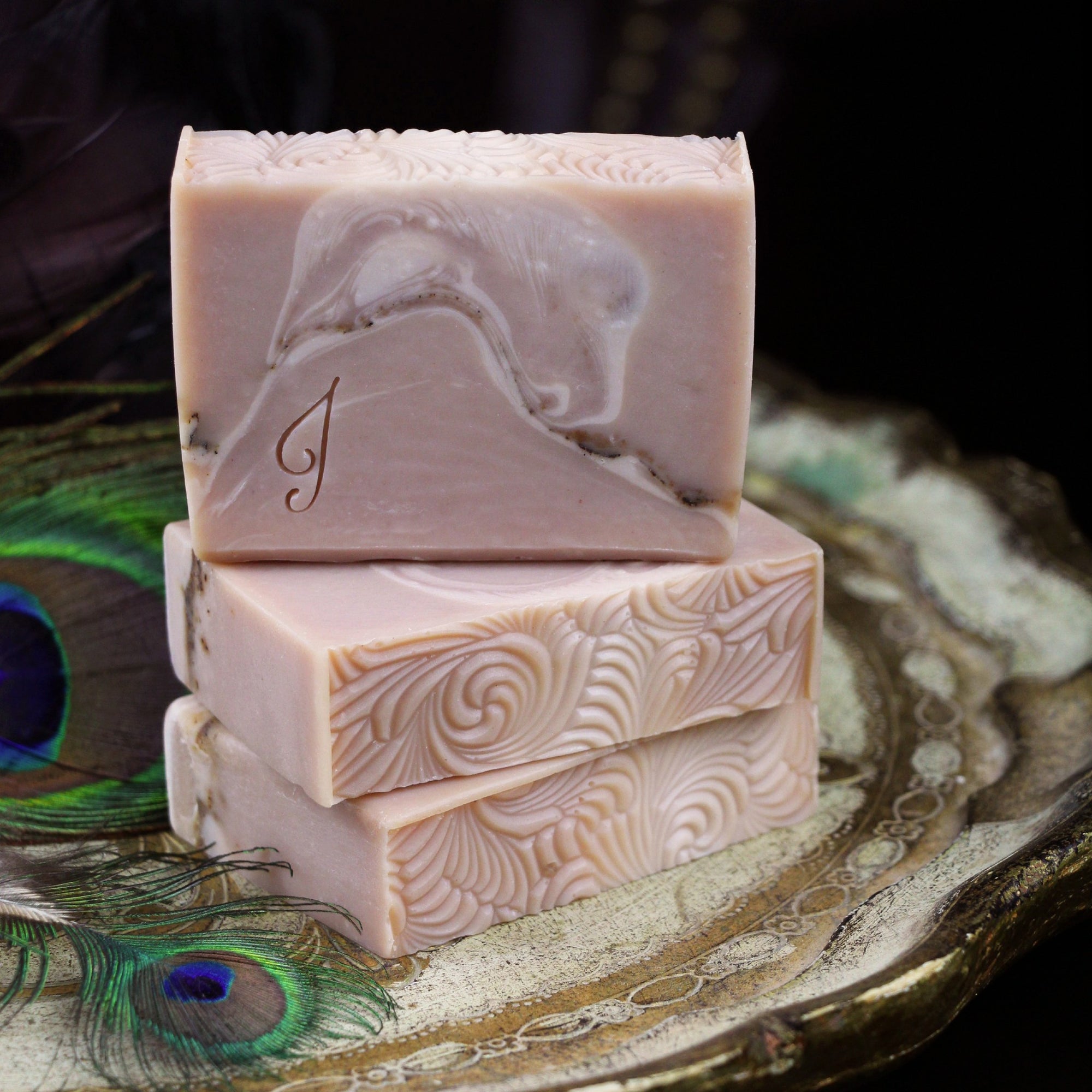Sandalwood & Patchouli Soap, naked on a vintage tray
