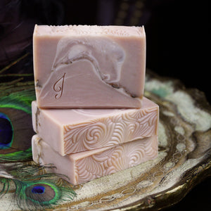 Sandalwood & Patchouli Soap, naked on a vintage tray
