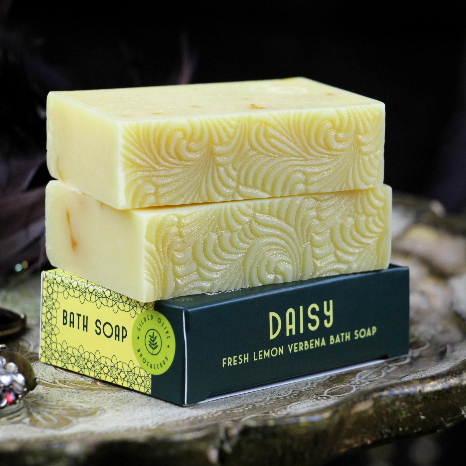 Daisy Fresh Lemon Verbena Handmade Soap on a vintage tray
