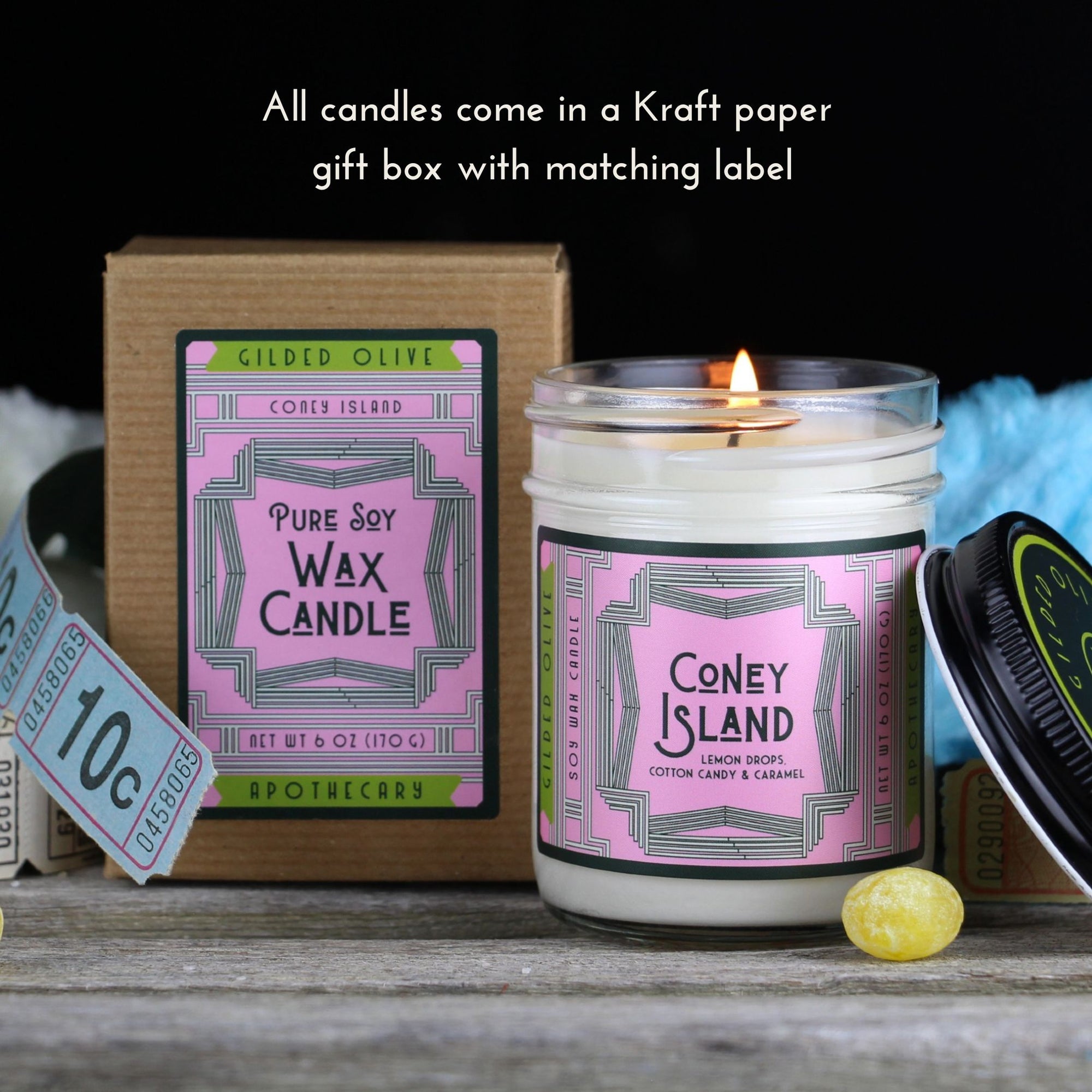 All candles come protected in a Kraft paper gift box with matching label.