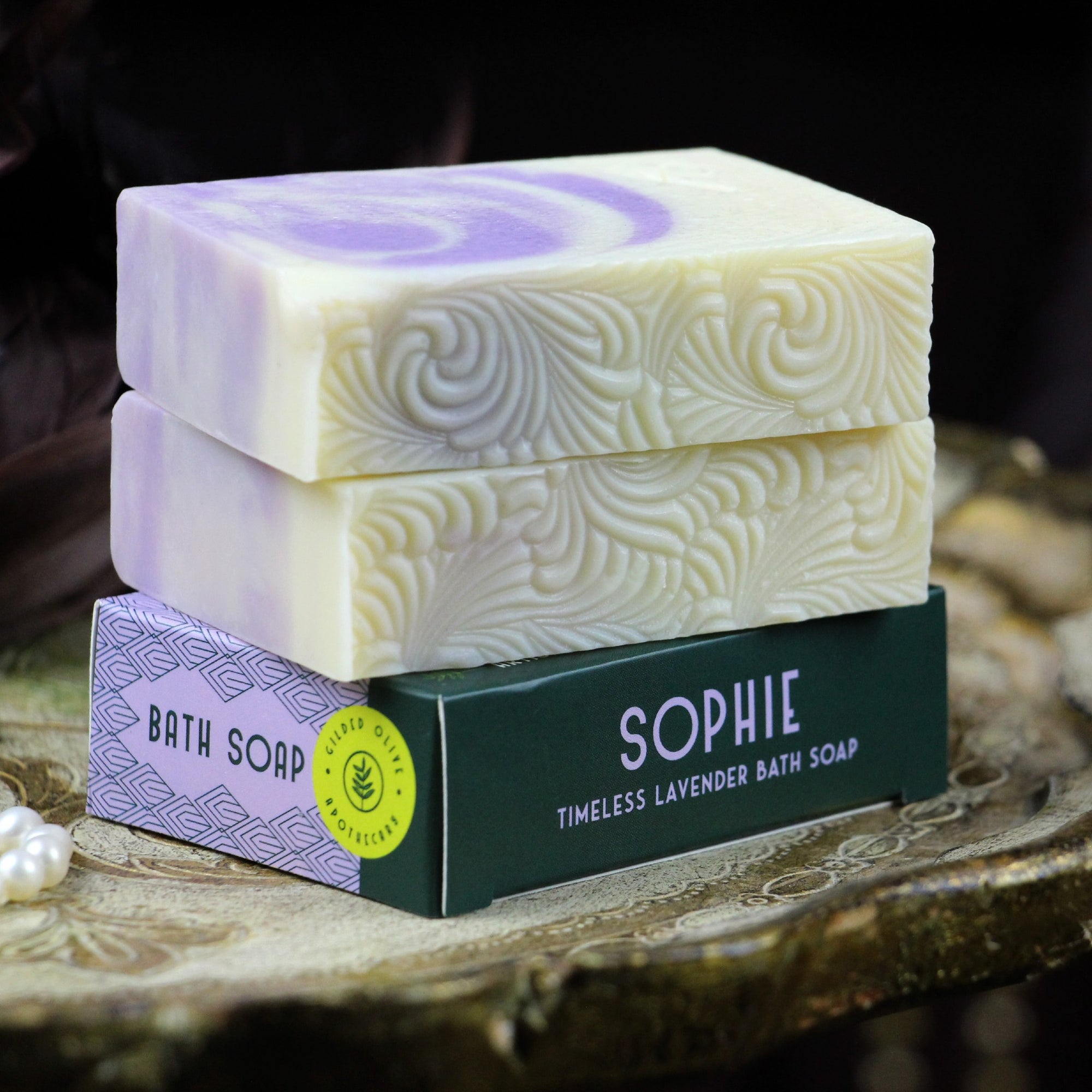 Sophie Handmade Lavender Soap, on a vintage tray
