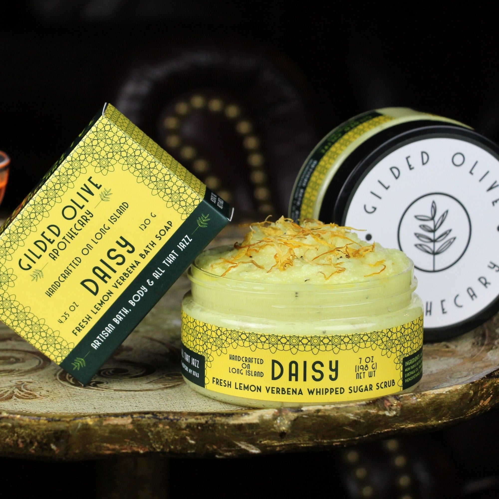 Daisy Gift Set Lemon Verbena on a vintage tray