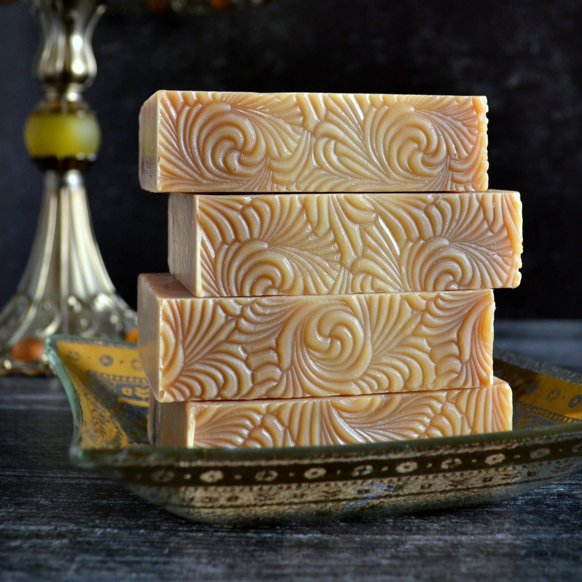 Autumn Spice Handmade Soap, stacked on a vintage gold soap dish