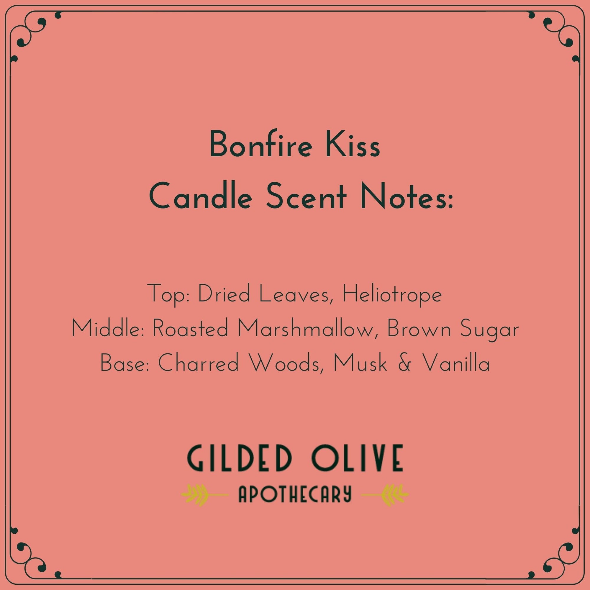 Bonfire Kiss Candle Scent Notes: Dried Leaves, Roasted Marshmallow & Charred Wood