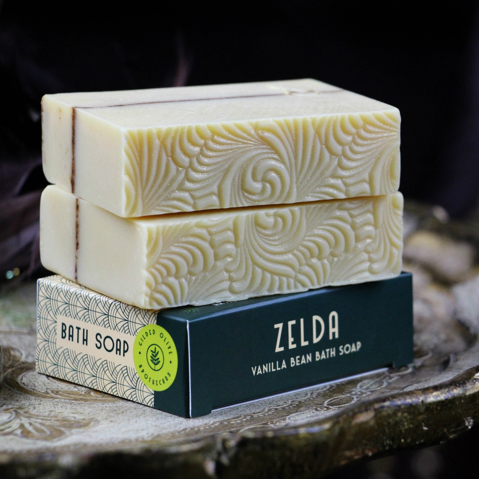 Zelda Vanilla Bean Handmade Soap, on a vintage tray