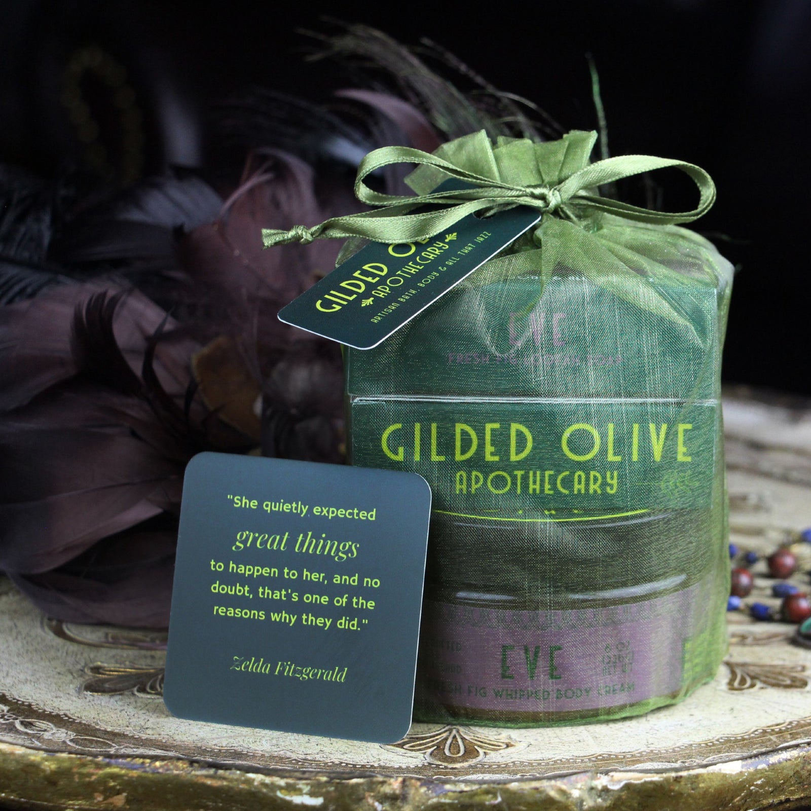 Eve Fresh Fig Soap & Whipped Body Cream Gift Set on a vintage style tray