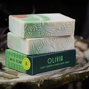Olivia, Leafy Greens & Musk Handmade Soap on a vintage tray