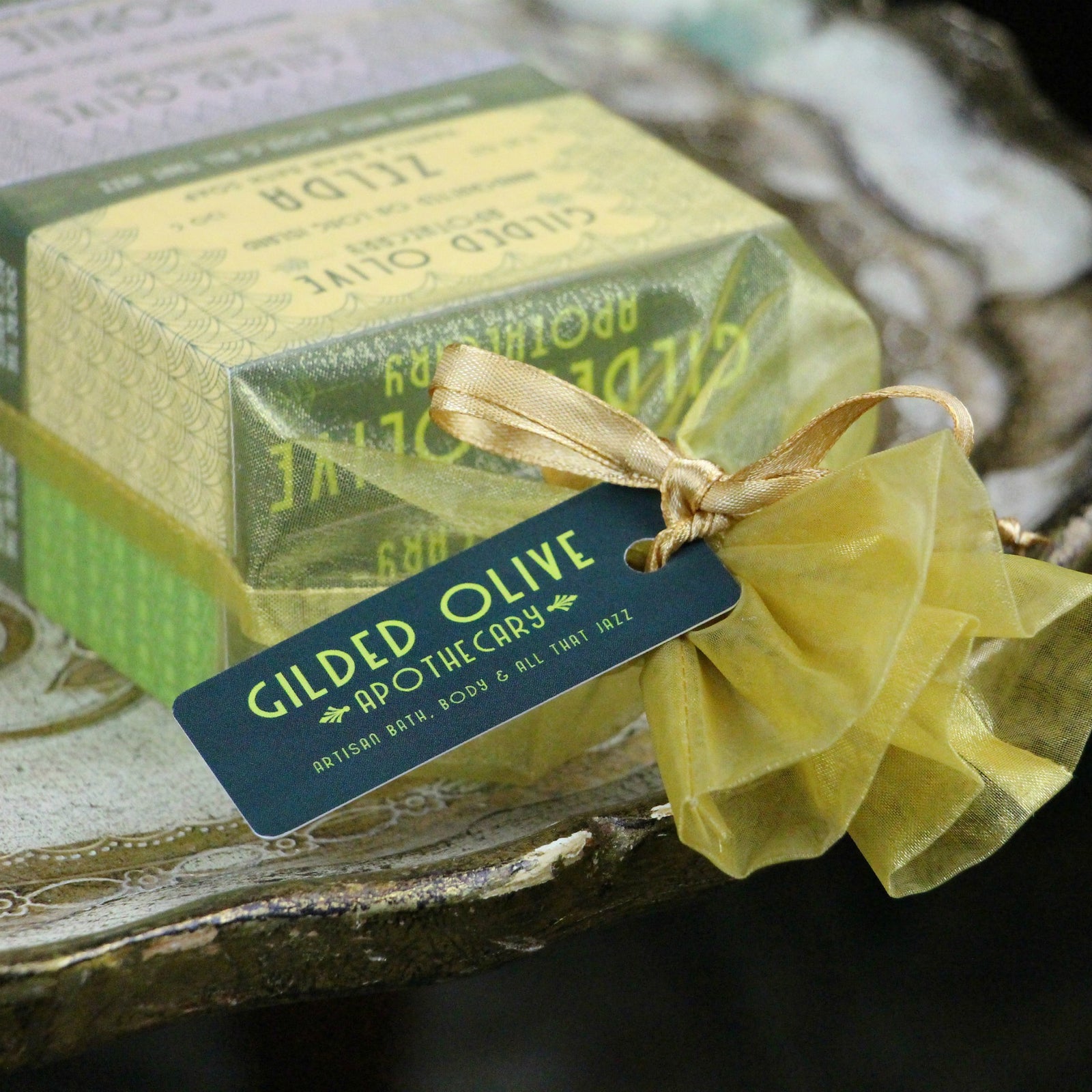 Handmade Soap Gift Set in a gift bag on a vintage tray.