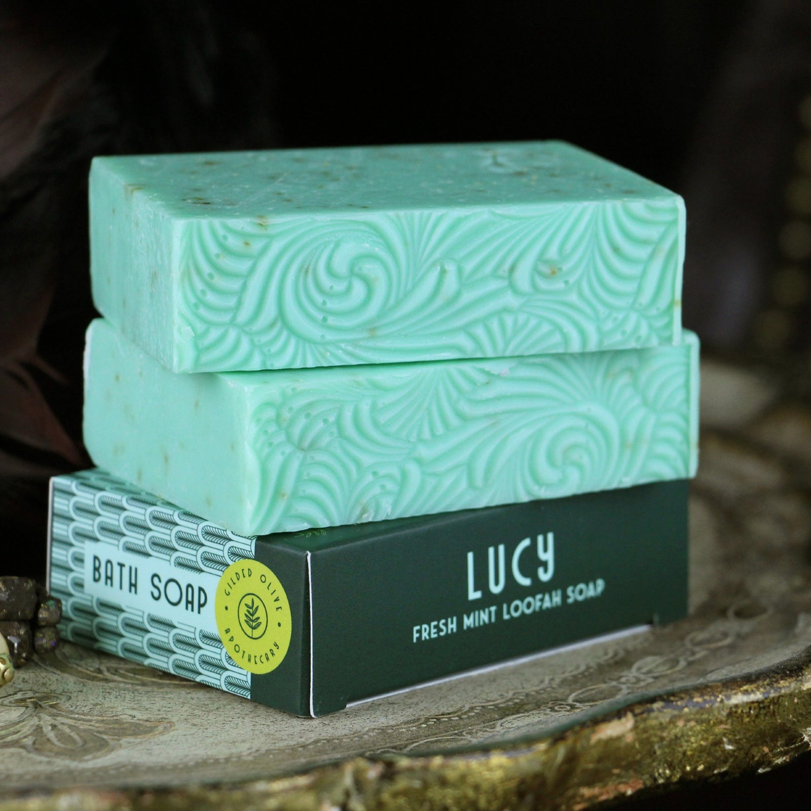 Lucy, Fresh Mint Loofah Soap on vintage tray
