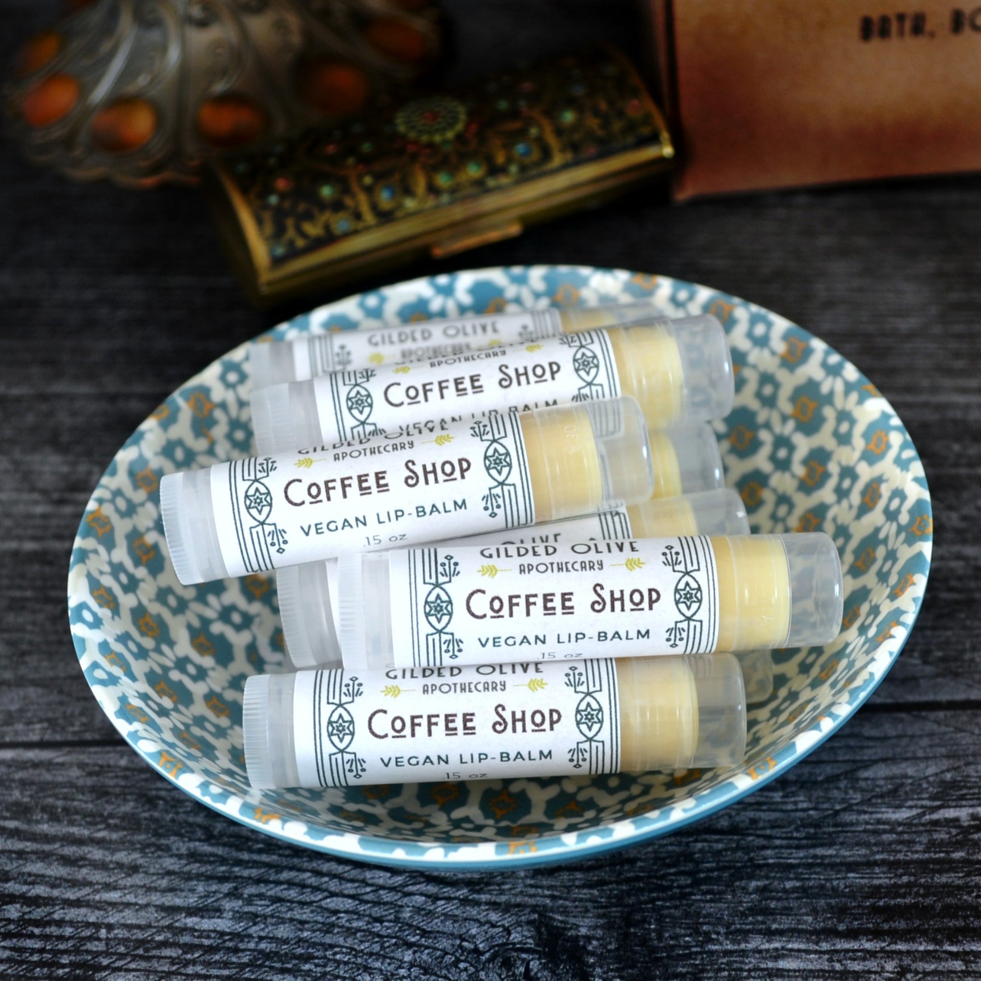 Coffee Shop Lip Balms in a bowl