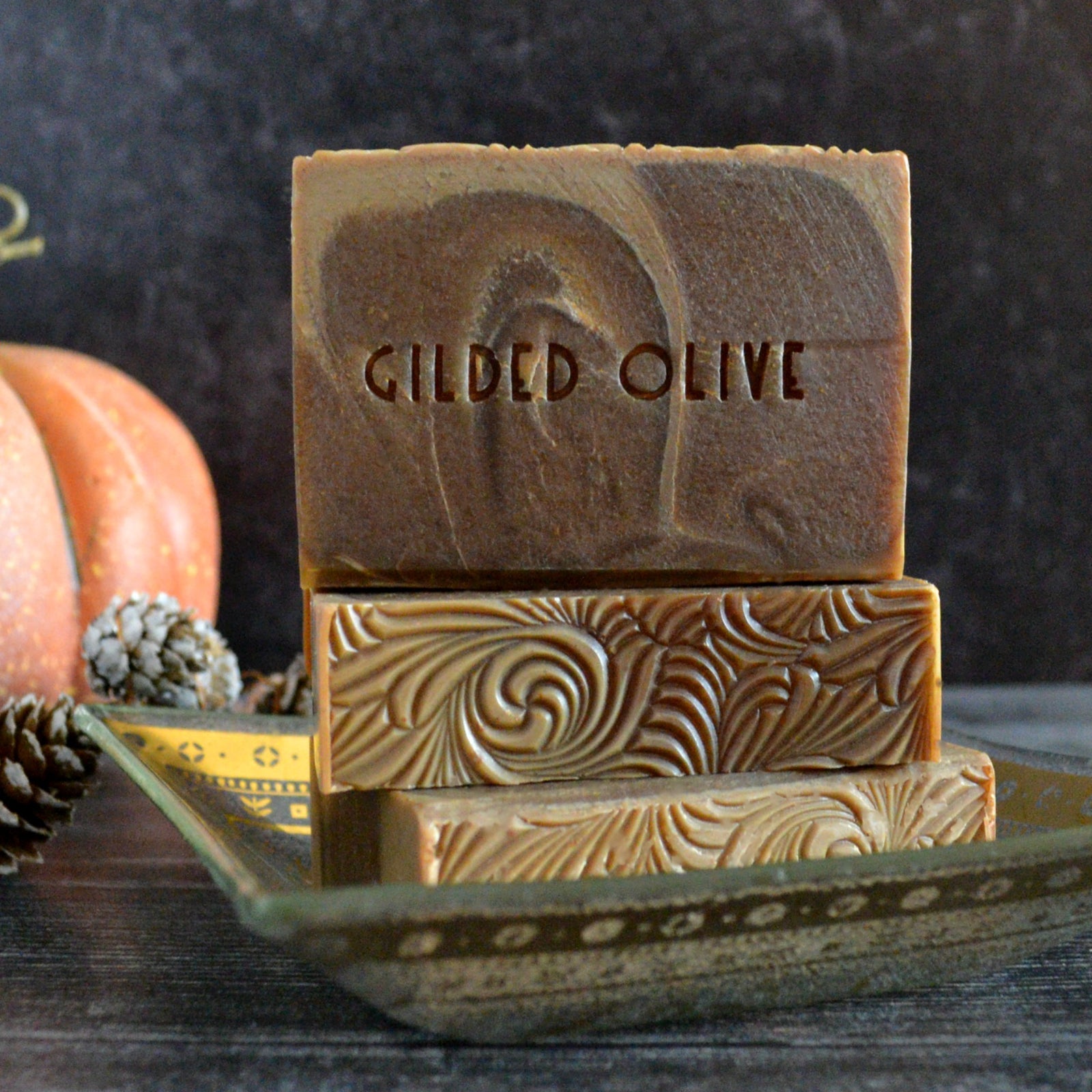 Pumpkin Latte Coffee Soap on a vintage soap dish