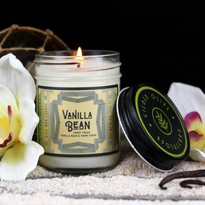 Vanilla Bean Soy Wax Candle 8 oz jar, lit